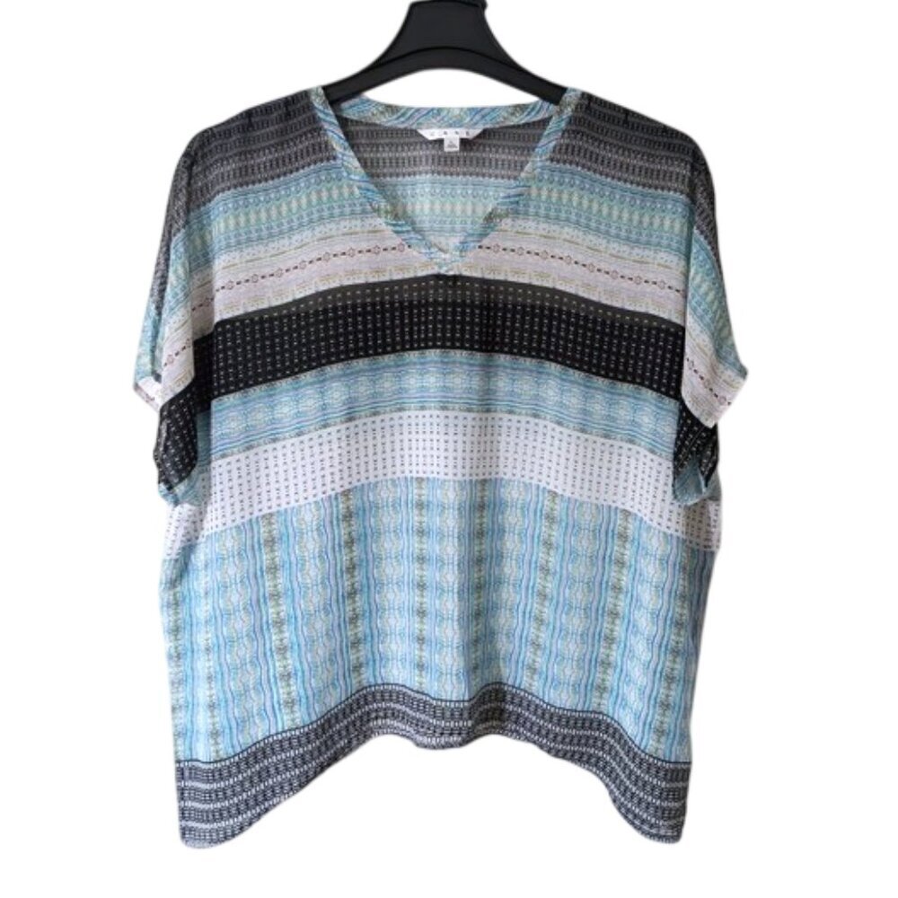 Cabi Chiffon Semi-Sheer Floral‎ Striped V-neck Cap Sleeve Tunic Top Blouse L